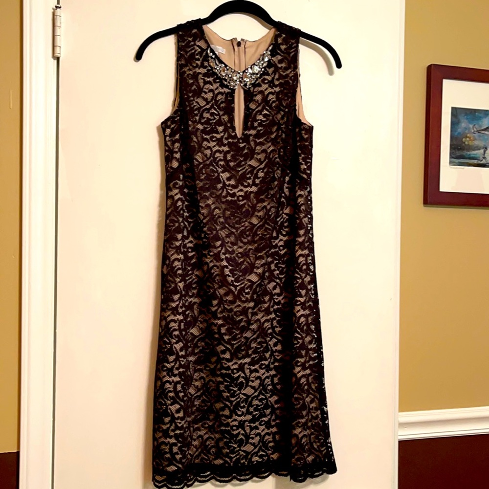 Lace Keyhole Dress with Bejeweled Collar Cocktail
